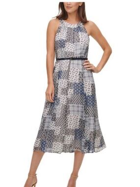 Tommy Hilfiger Dress Size 8 Navy Print Chiffon Belted Midi NWT
